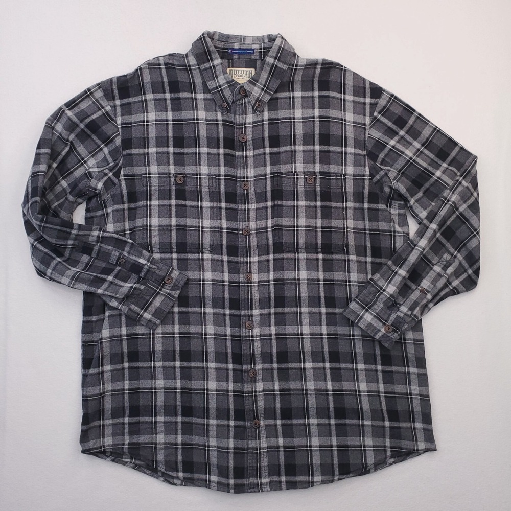 Duluth Trading Shirt Mens XLT Gray Black Magnet Free Swingin Flannel Plaid